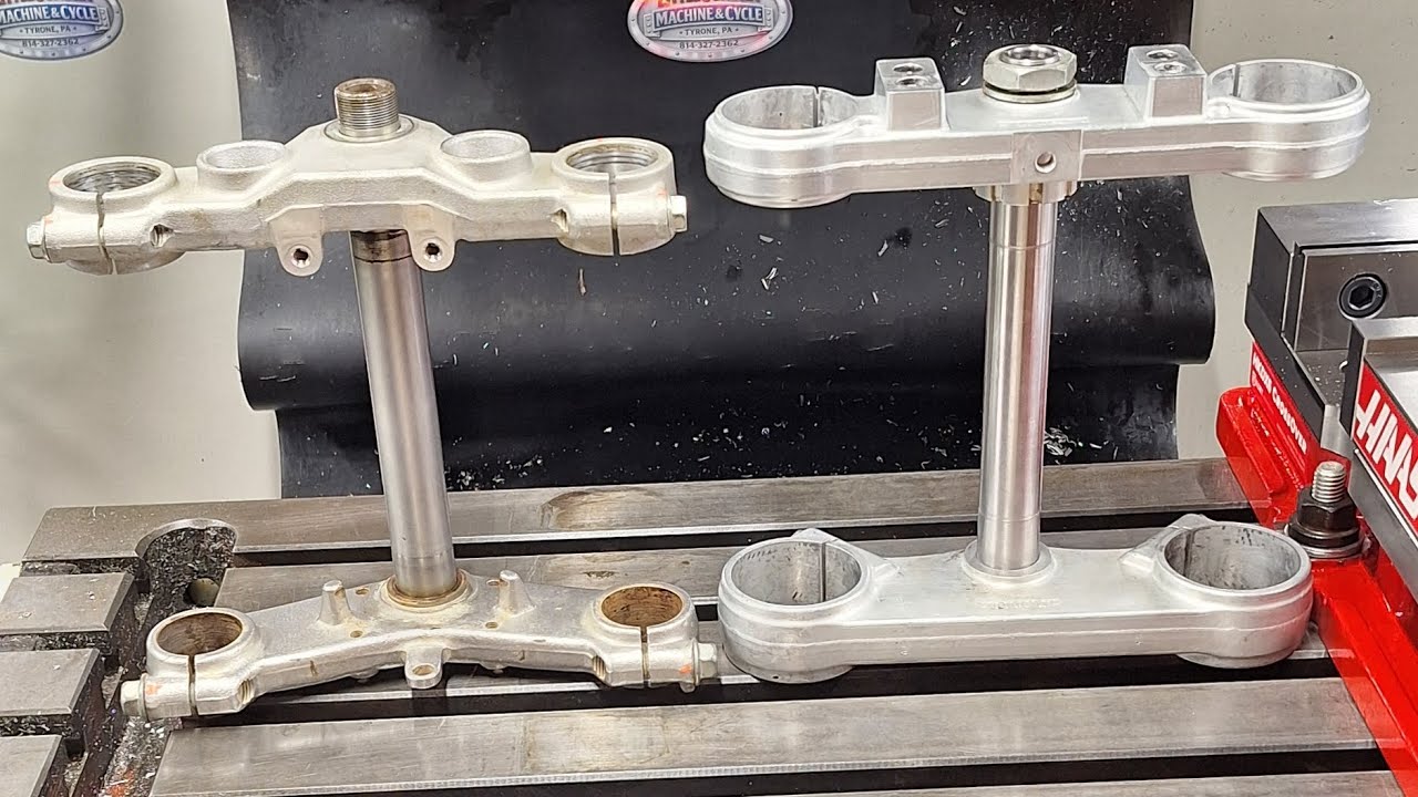 Machining KTM 80 triple trees to fit a KLX140.  