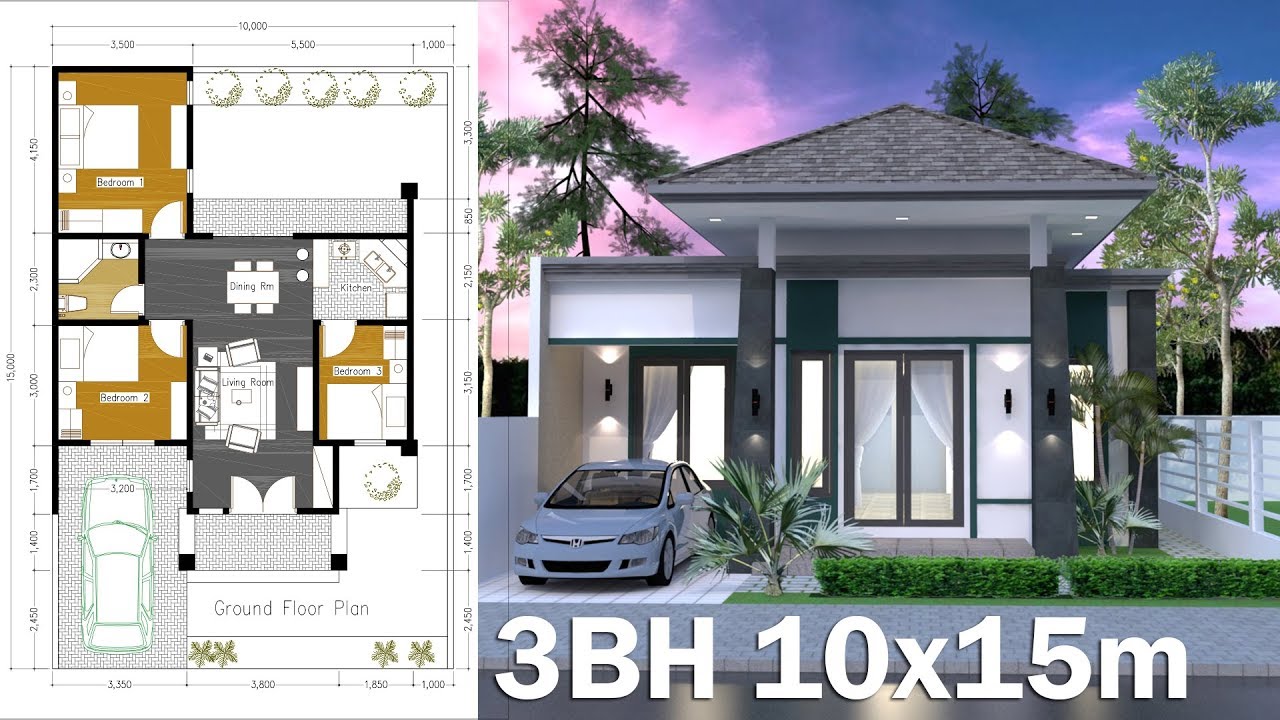 10x15m Home Design Plan | One Story House | 3 Bedroom | Sketchup Design