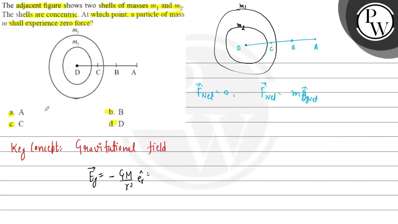 The adjacent figure shows two shells of masses \( m_{1} \) and \( m_{2} \). The shells are conce...