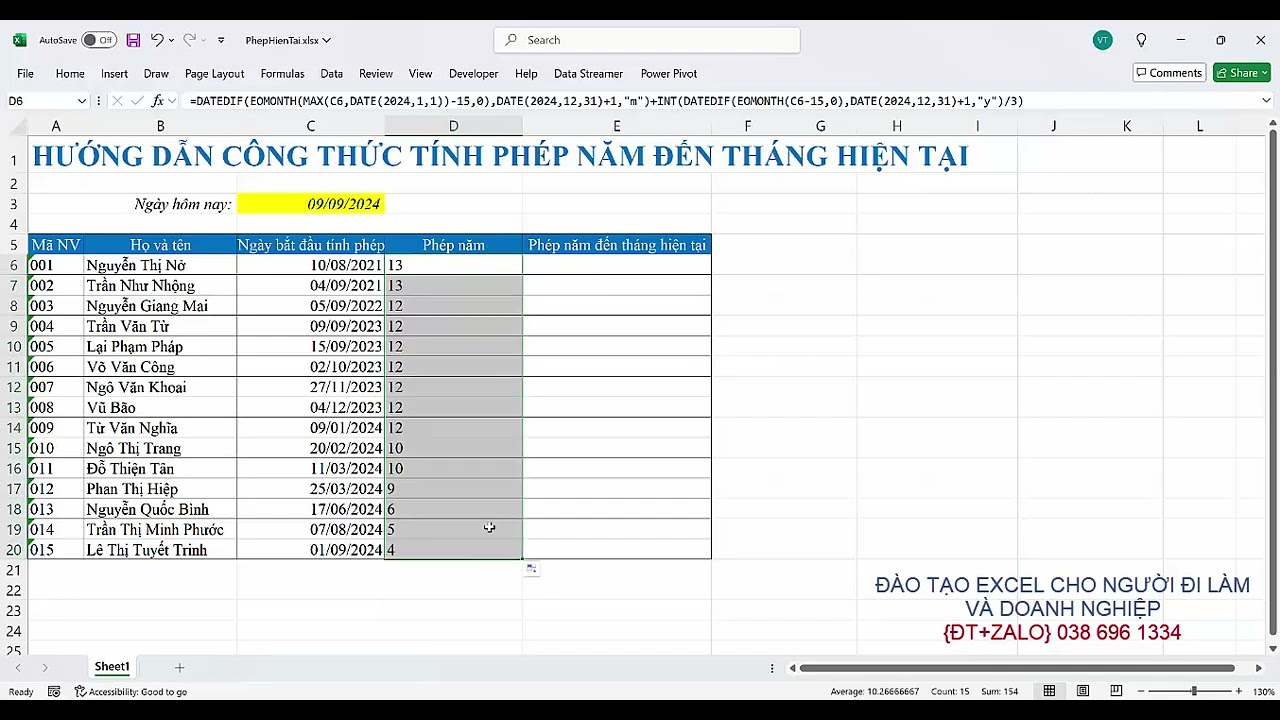 Hướng dẫn công thức tính phép năm đến tháng hiện tại