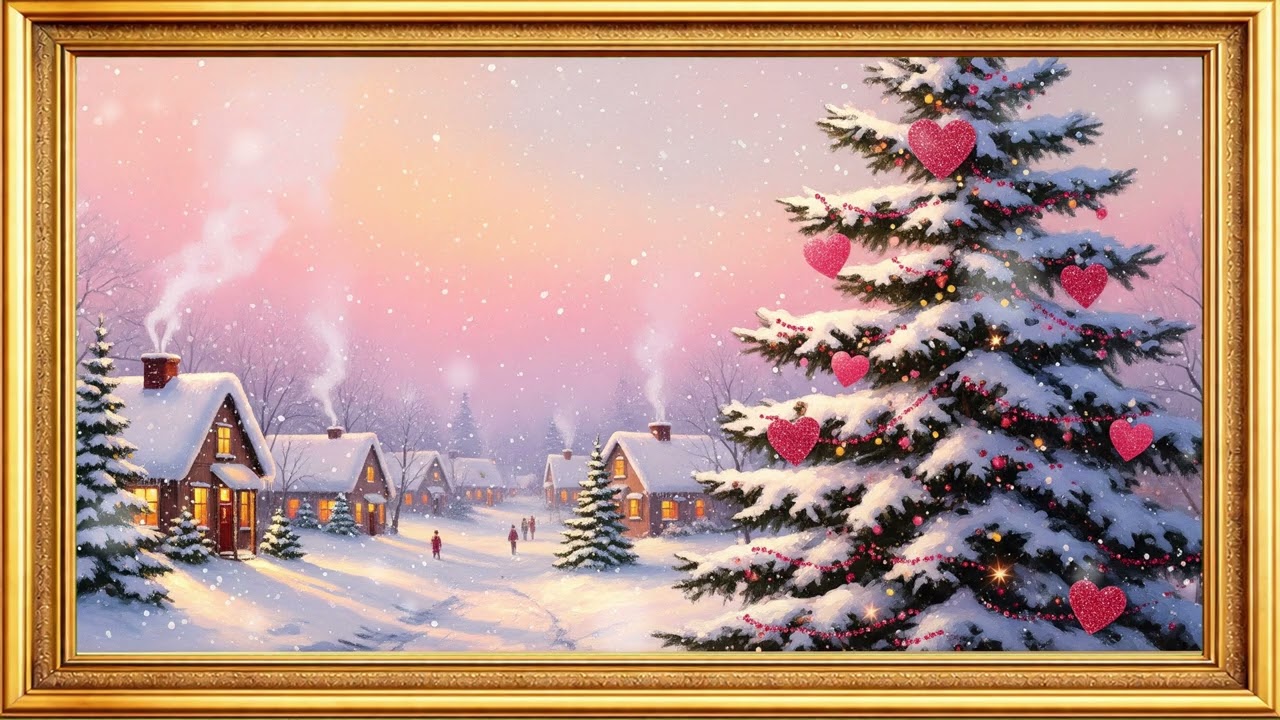 Winter Village Romance  4K Christmas Heart Tree Art for TV Frame  Cozy Ambient Screensaver