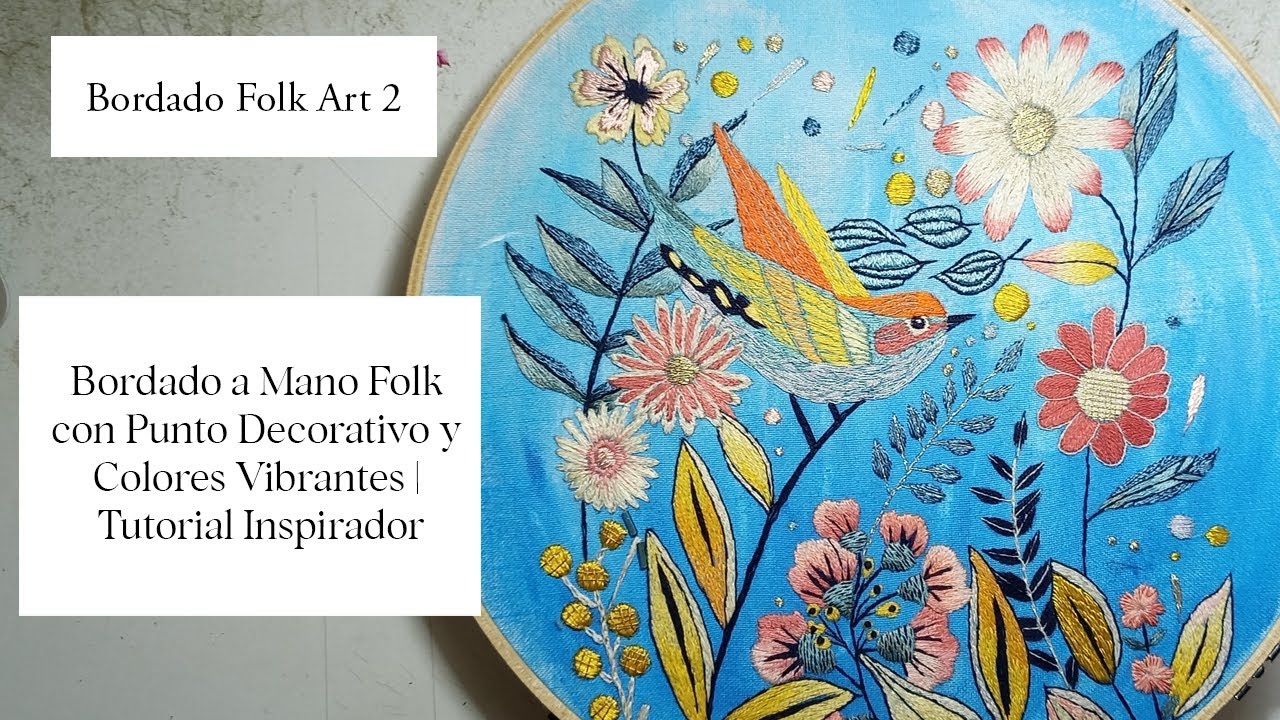 Bordemos una ilustracion de pajaro Folk moderno, usando hilos satinados, metalizados  parte 1 de 4.