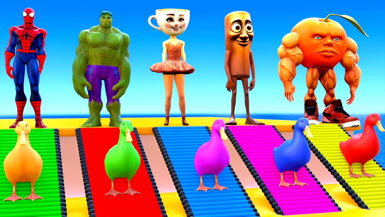 Playing as Spiderman in Long Slide Game with Cow Elephant Gorilla Hippo Tiger Funny 3d Animal Game