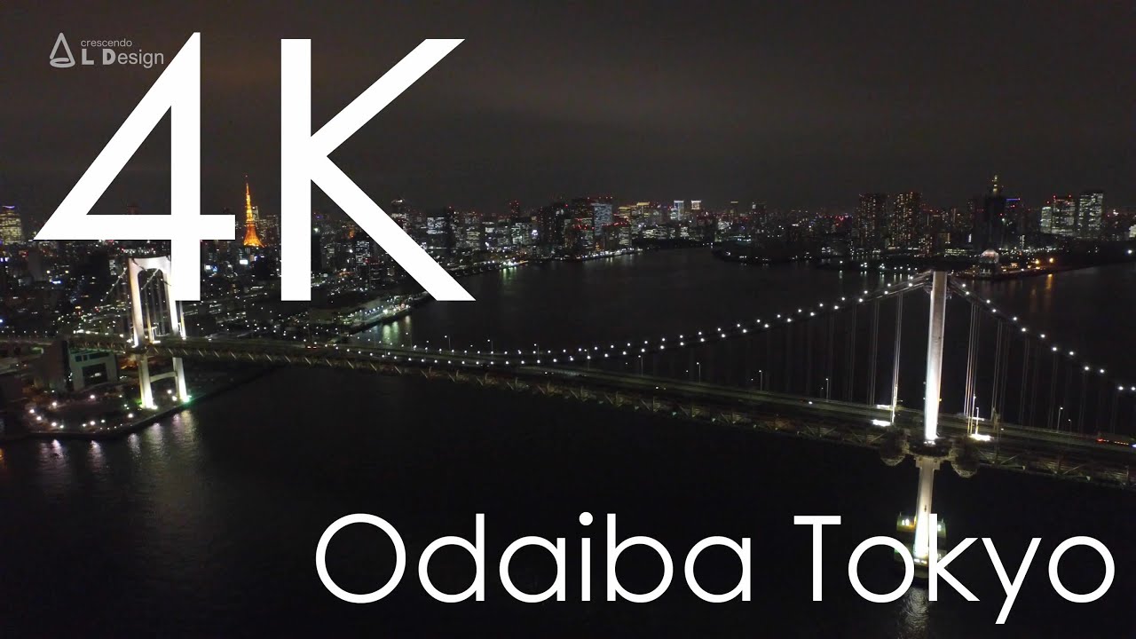 Night view of Ferris Wheel, Rainbow Bridge and Tokyo Tower taken with a drone
