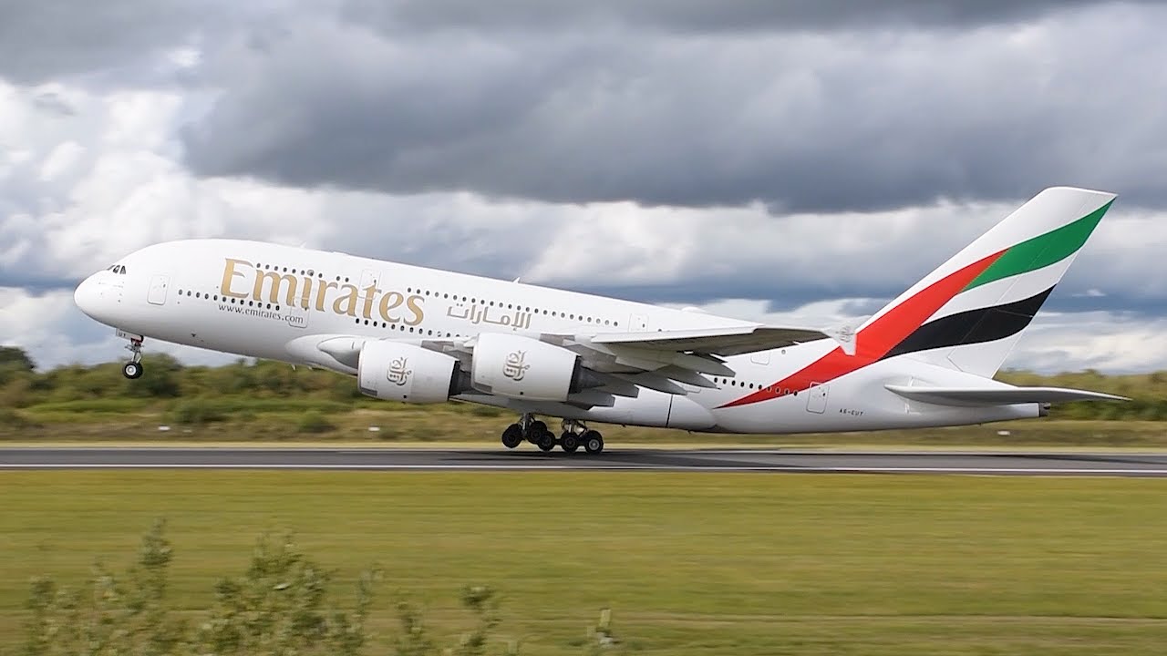 Airbus A380 (Emirates) - Takeoff at Manchester Airport
