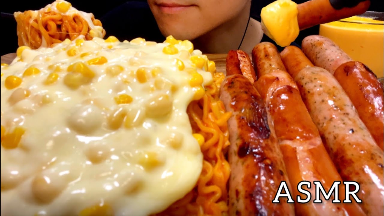 【咀嚼音】コーンチーズプルダック炒め麺とフランクフルターソーセージ！풀덕포쿤면/ASMR/EatingSounds/Mukbang/먹방