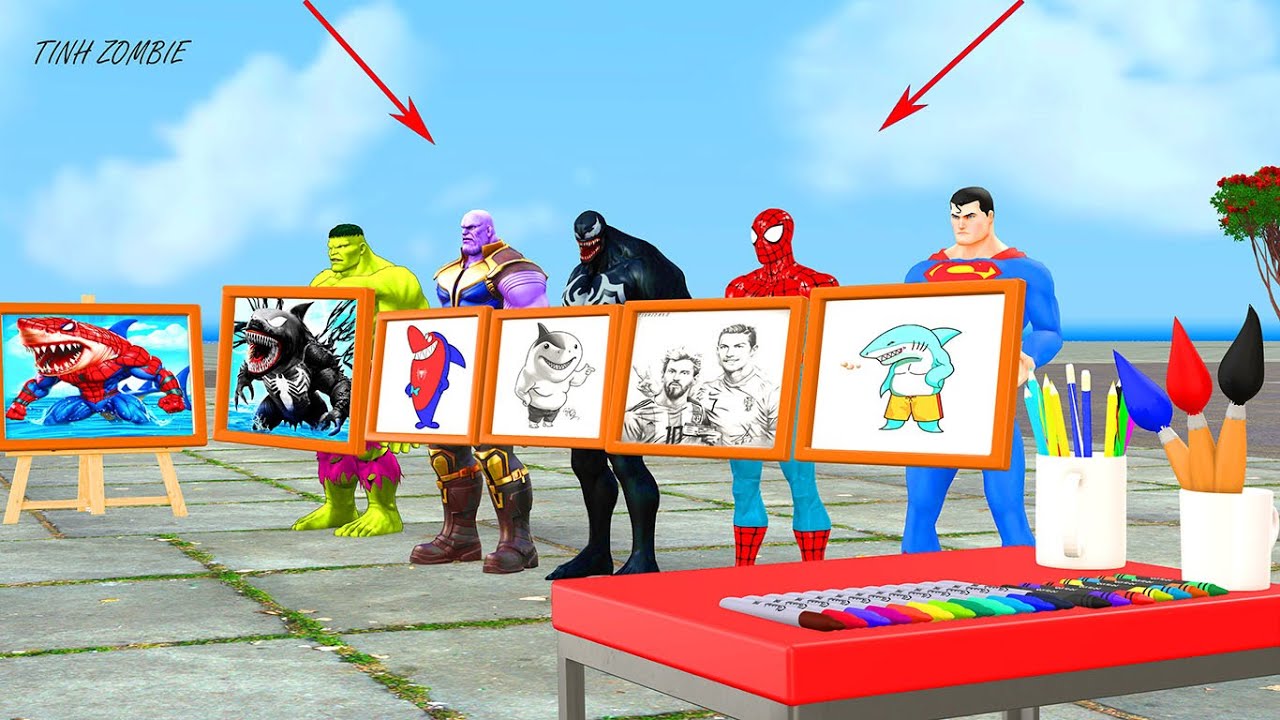 Game Playing Spider-Man vs ironman with drawing challenge shark spider vs scary teacher