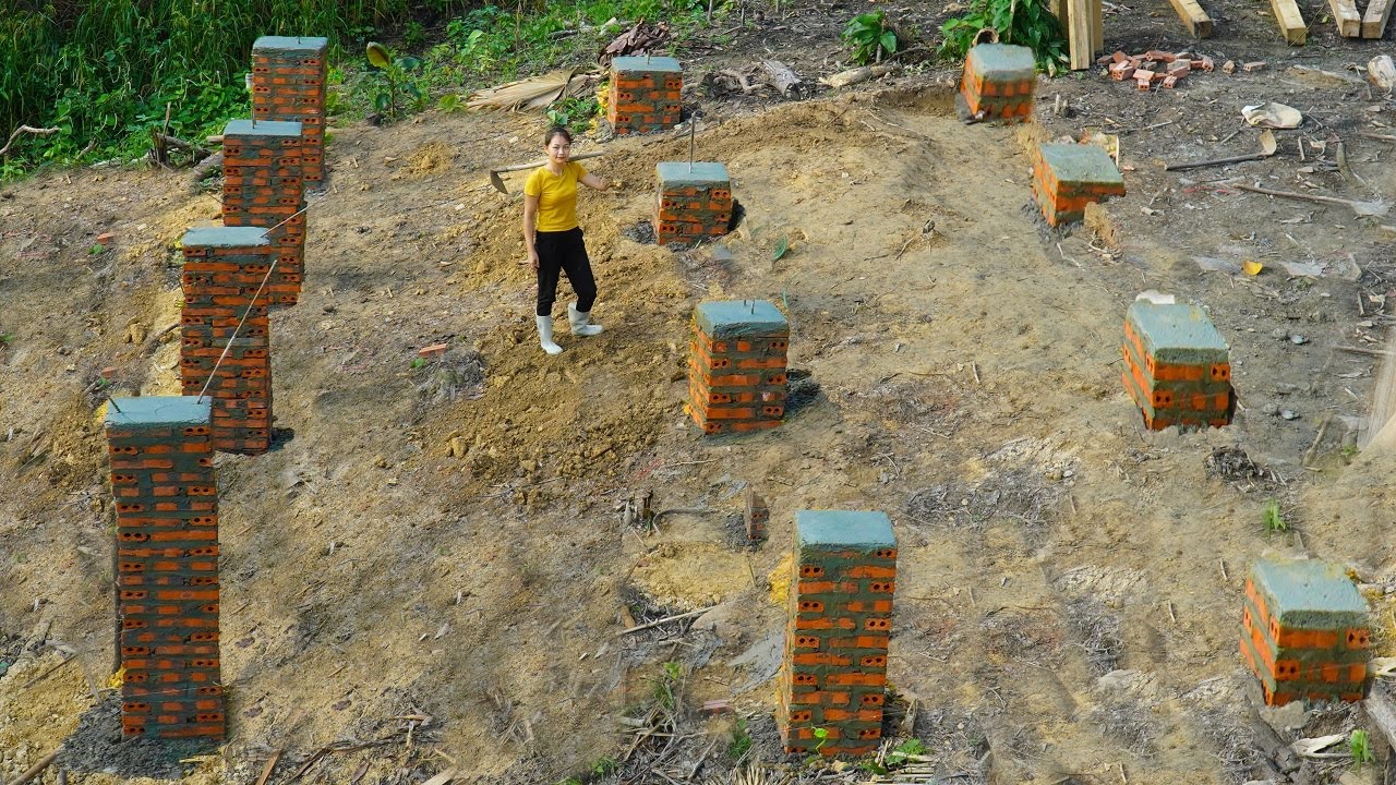 Build & Design a Wooden House Alone: Build foundation, concrete columns - Off-Grid Living