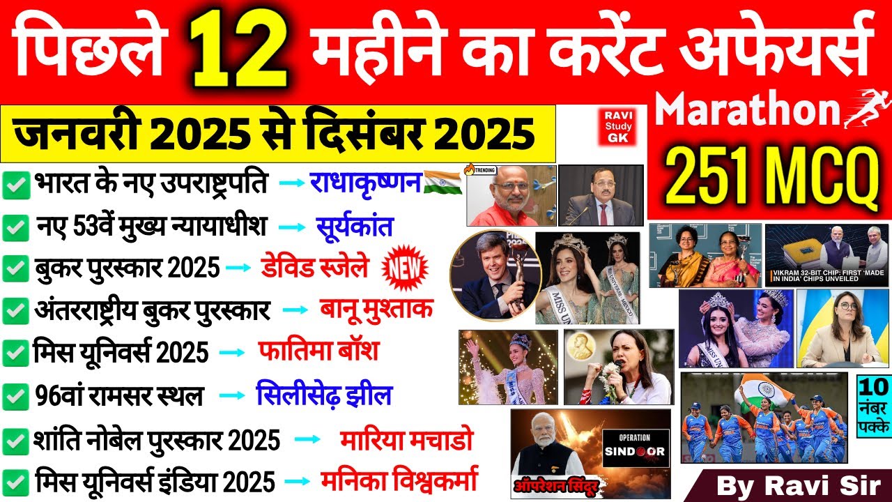 Last 12 Months Current Affairs 2025 | January 2025 To December 2025 | Important Current Affairs 2025