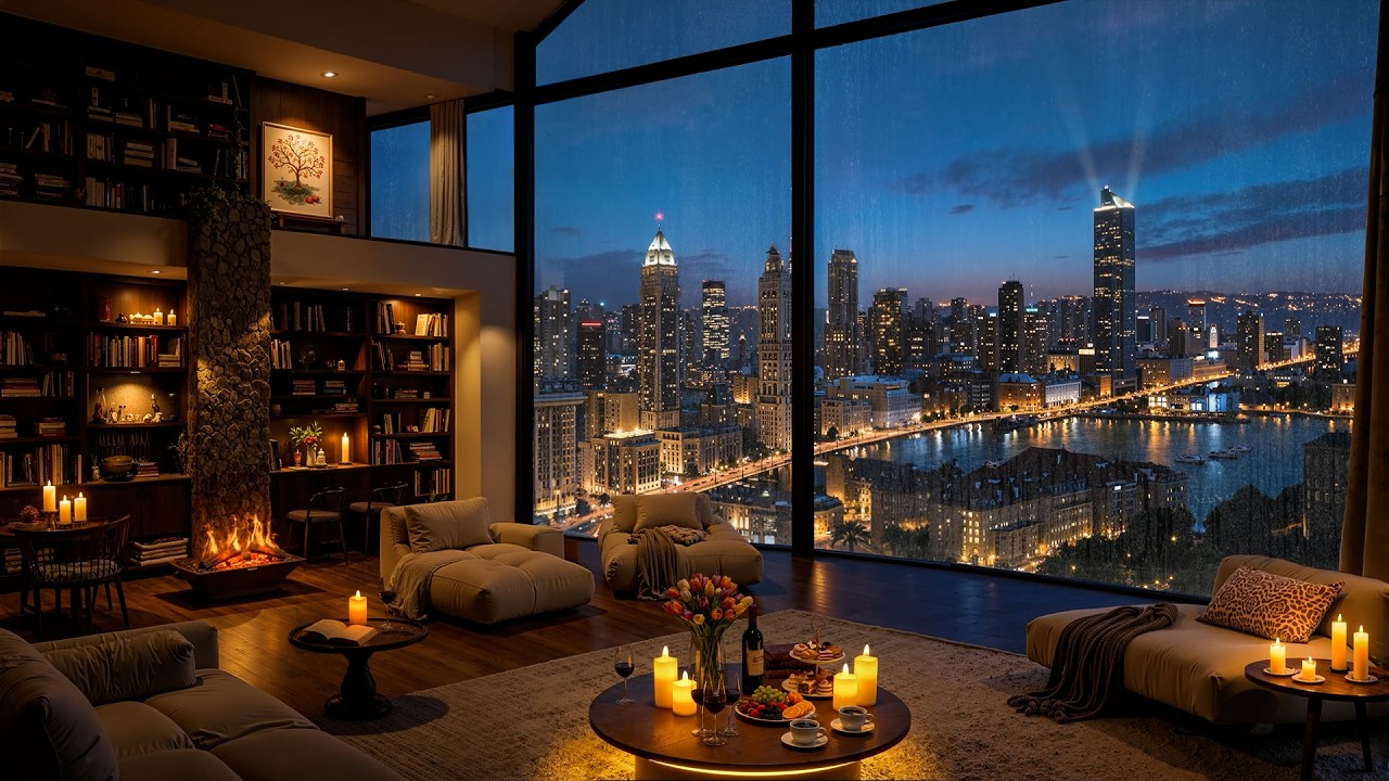 Night Atmosphere in a Cozy Chicago Apartment ⛈ Smooth Jazz Music & Rain Sounds for Study, Sleep
