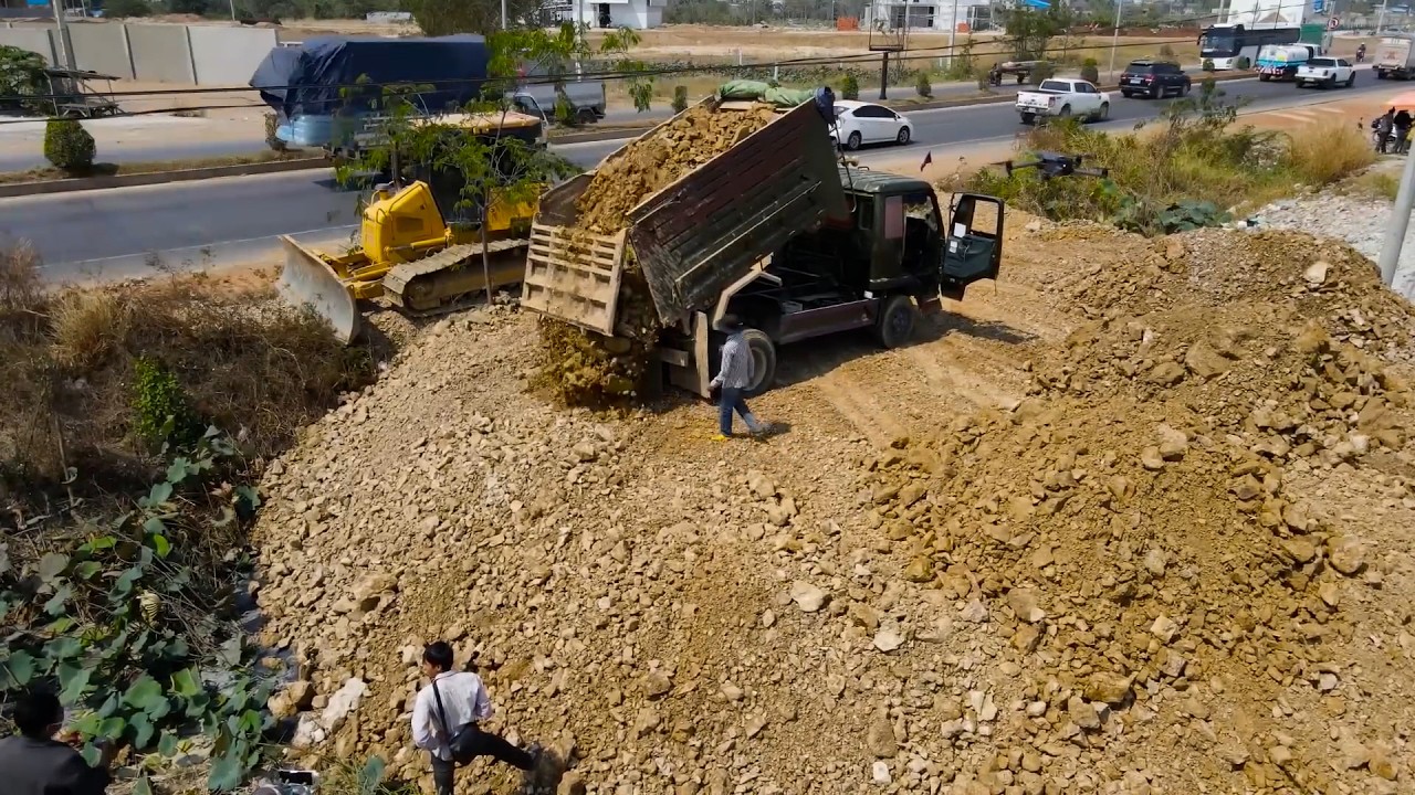 Terrific Large Capacity Reclamation Land Filling Up, Using Operator Skills Bulldozer Spreading Soil