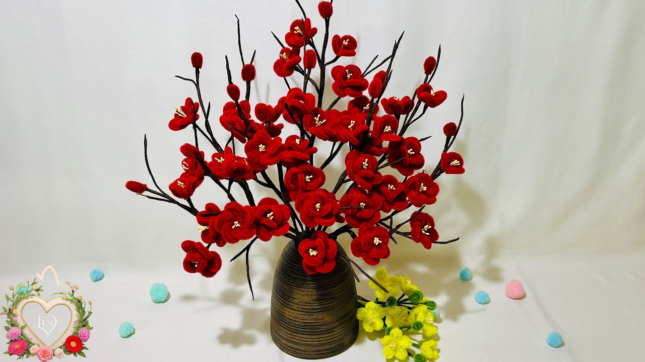 Cách làm hoa Đào Đỏ bằng kẽm nhung - How to make a red peach blossoms ! #hms2