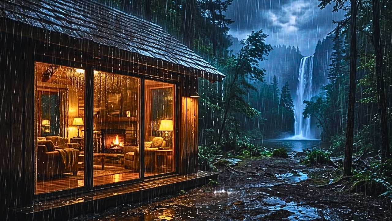 🌧️ Rainy Night at a Glass Cabin by the Waterfall | Cozy Fireplace Ambience & Relaxing Rain Sounds