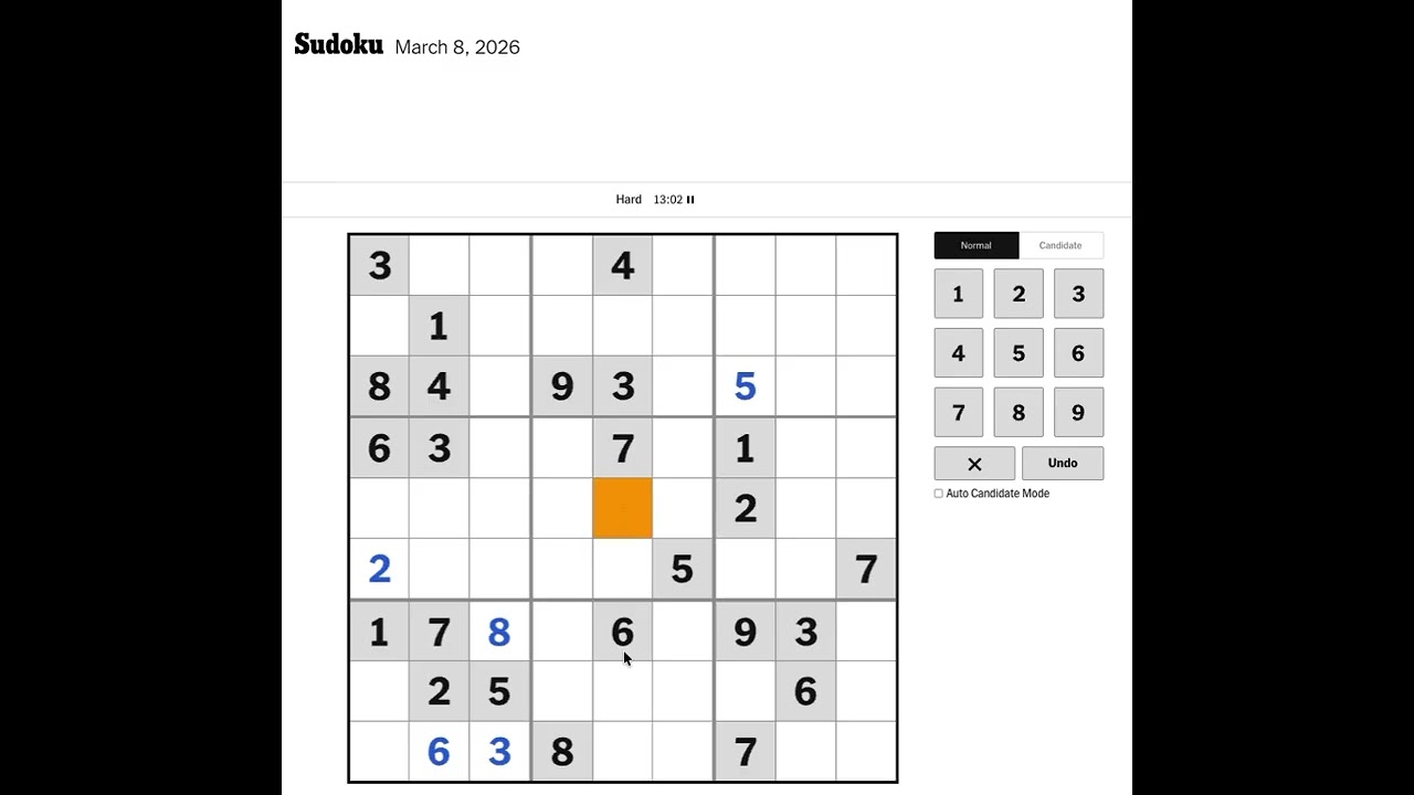 New York Times Sudoku Hard Solution for March 8, 2026: Solving without Markings