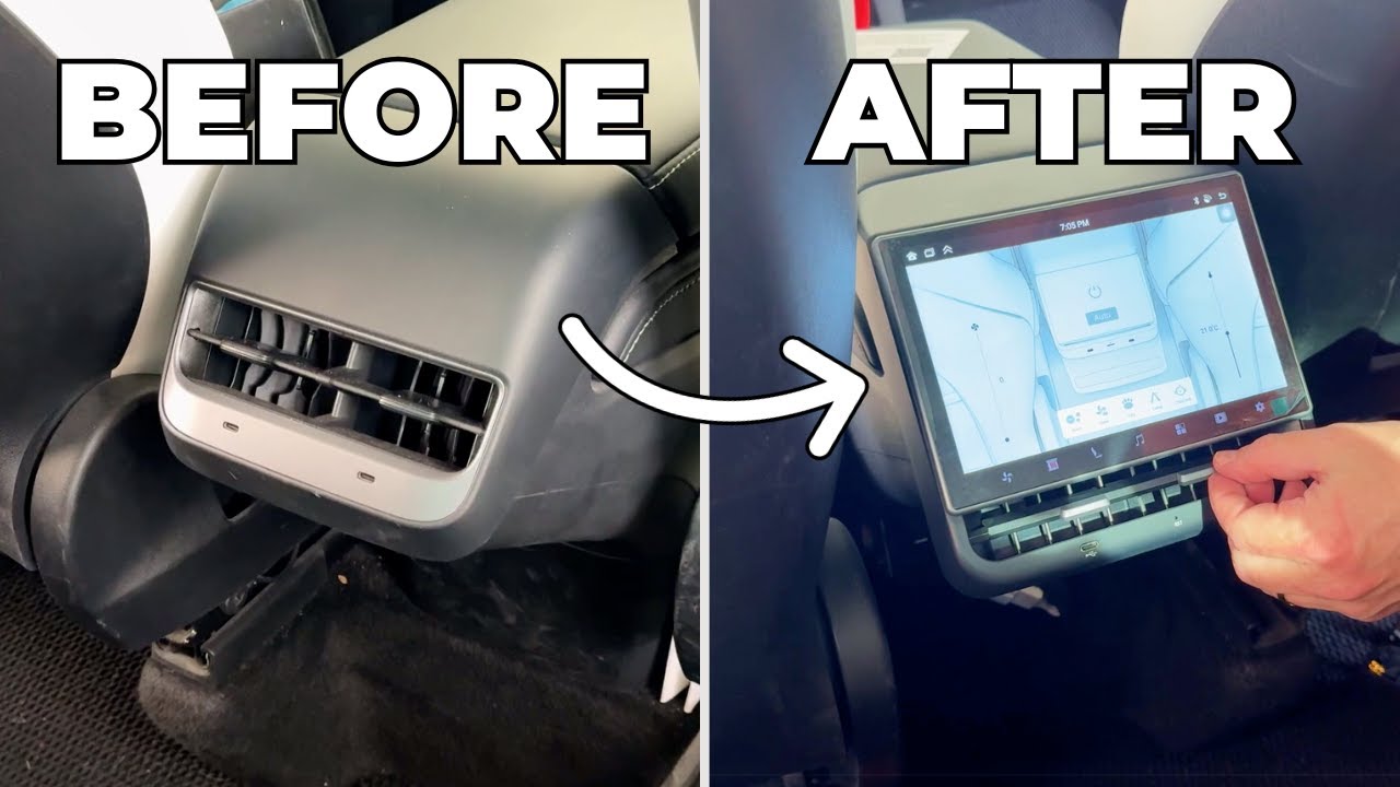 Установка заднего экрана в Tesla Model Y 2022: кондиционер, музыка и CarPlay для задних сидений.