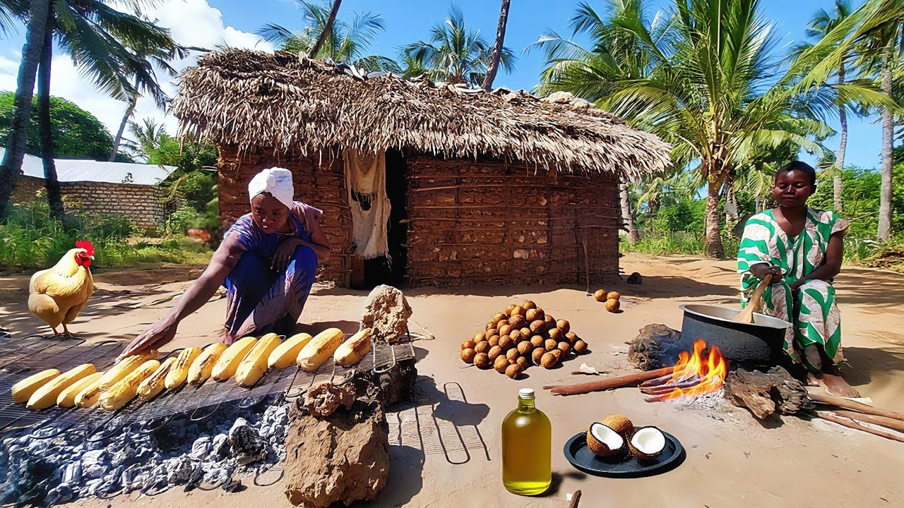 🔥 Village Feast in Kenya | We Made Golden Coconut Oil, Roasted Plantains & Sweet Potatoes Over Fire