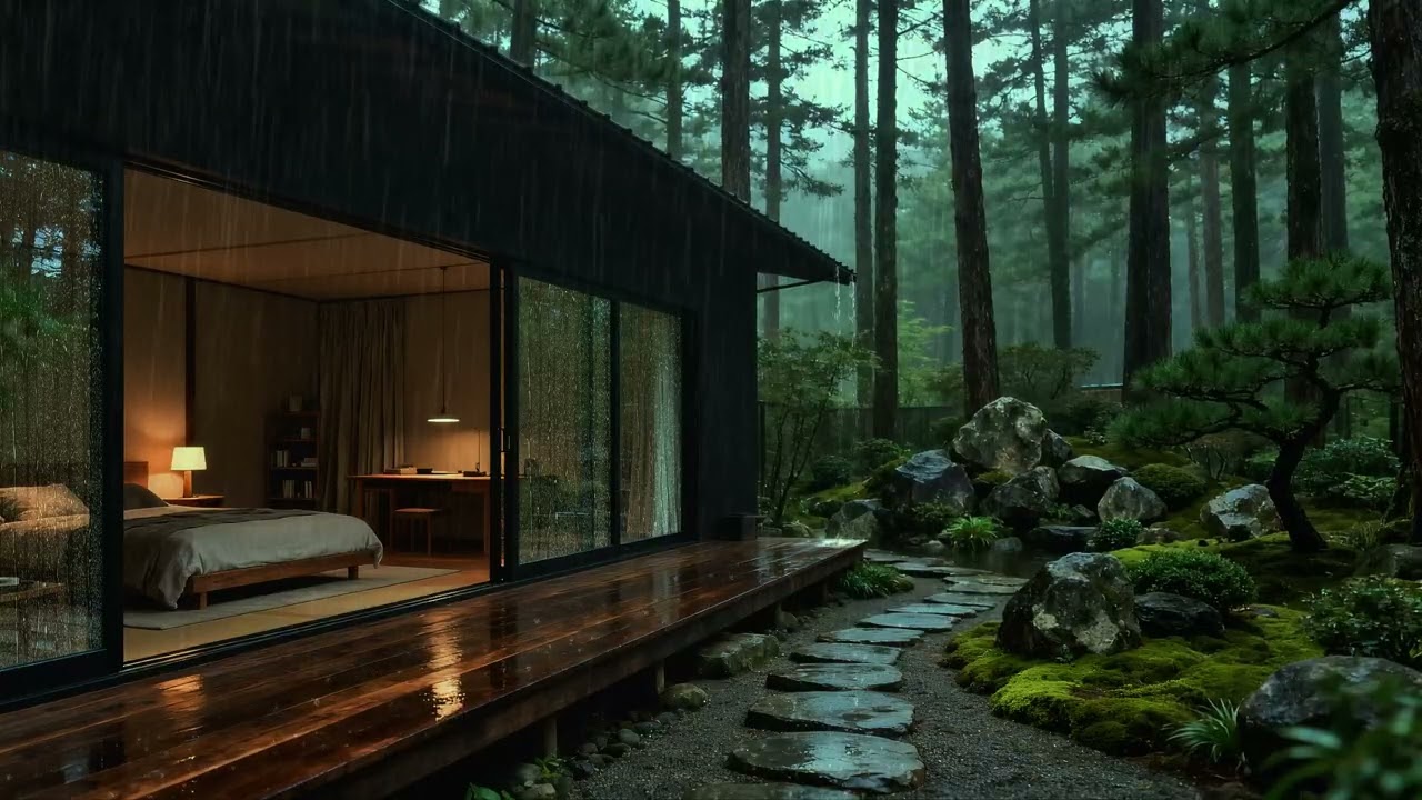 Rain in a Japanese Forest Cabin 🌧️ Cozy Bedroom & Garden Ambience