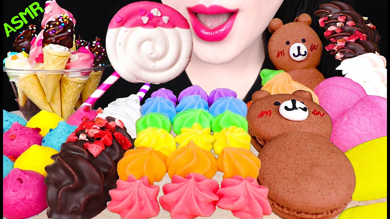 ASMR LOLLIPOP MERINGUE COOKIES, RAINBOW MERINGUE, ICE CREAM CONE 롤리팝 머랭쿠키, 무지개 머랭, 아이스크림콘 먹방 MUKBANG