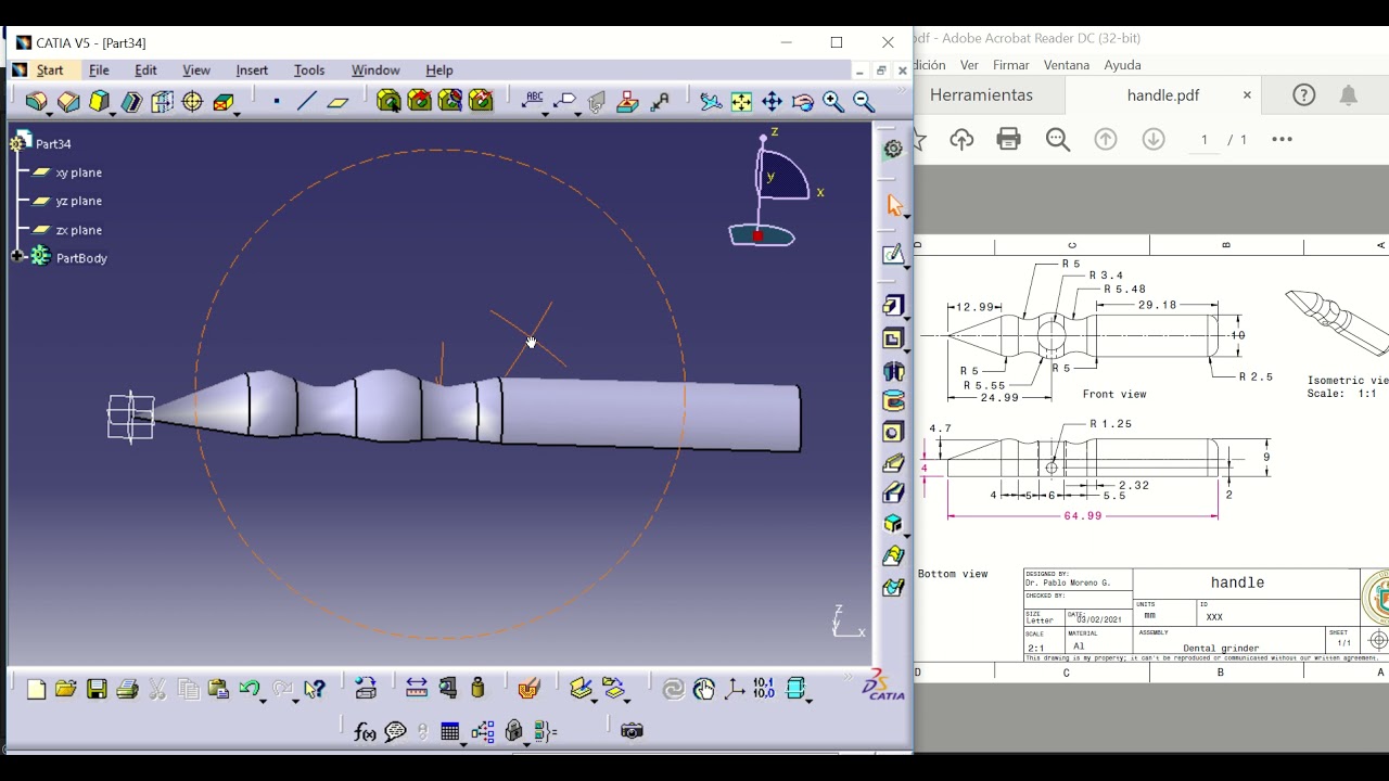 CAD CAM with CATIA and EMCO machine of a handle Part 1