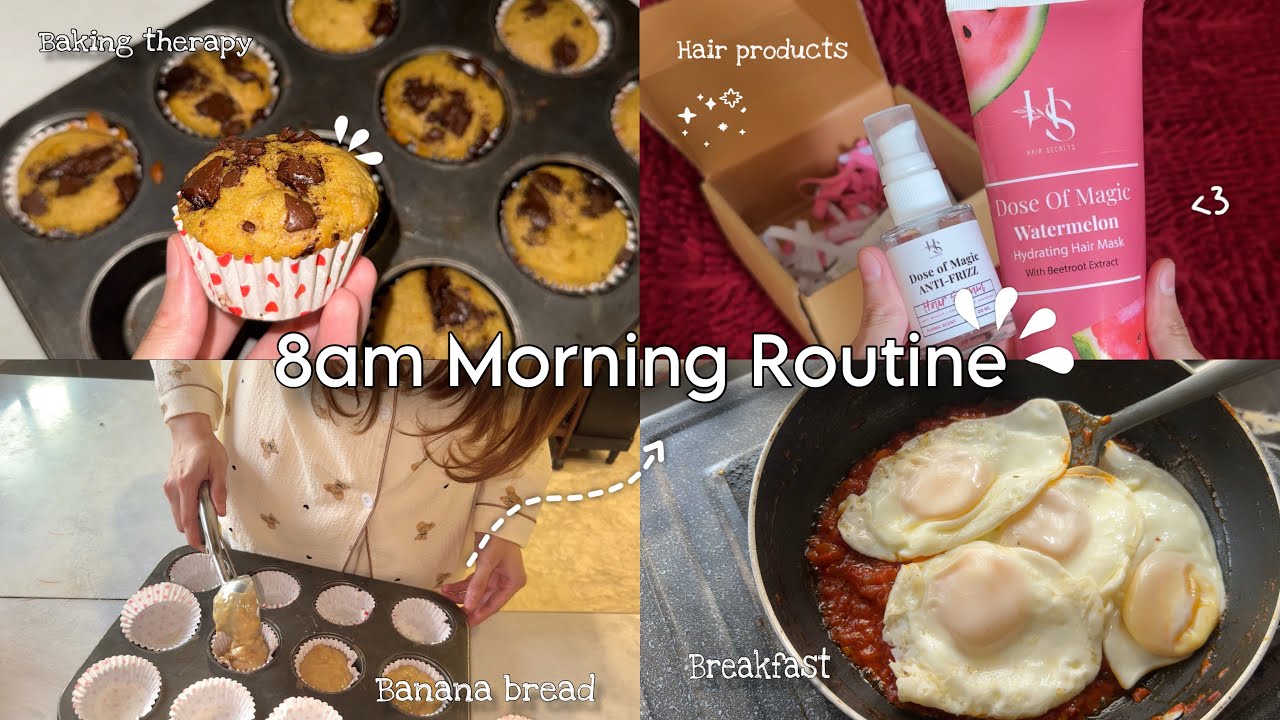 My 8am morning routine☀️ haircare unboxing 🍉, baking, laundry & more