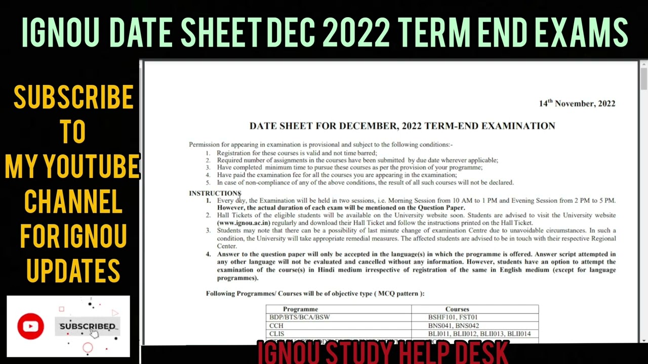 IGNOU DATE SHEET DEC 2022 TERM END EXAMINATION || FINAL DATE SHEET IGNOU 2022 Exams #ignouexams2022