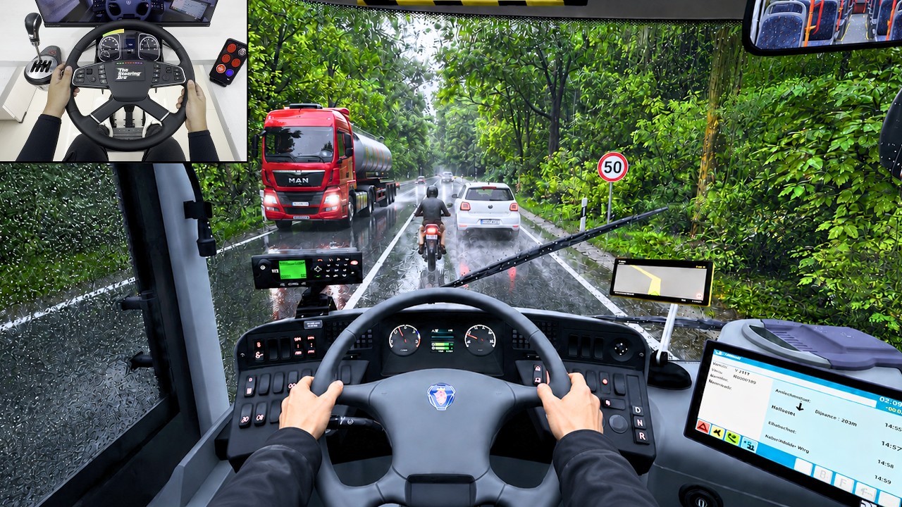 The Bus - Driving Through Germany in Heavy Rain | Realistic Bus Sim | Steering Wheel Gameplay