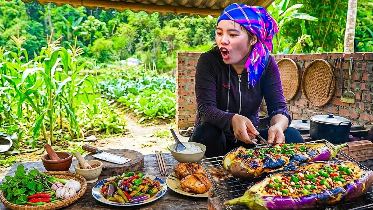 Harvesting Eggplants with My Daughter and Son – Selling at the Market and Grilling Chicken for Lunch