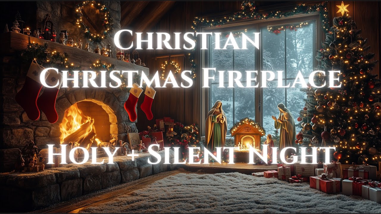 🎄Cozy Christian Christmas Fireplace🔥 Silent Night + Holy Night (Harp) | Peaceful Christmas Music🎄