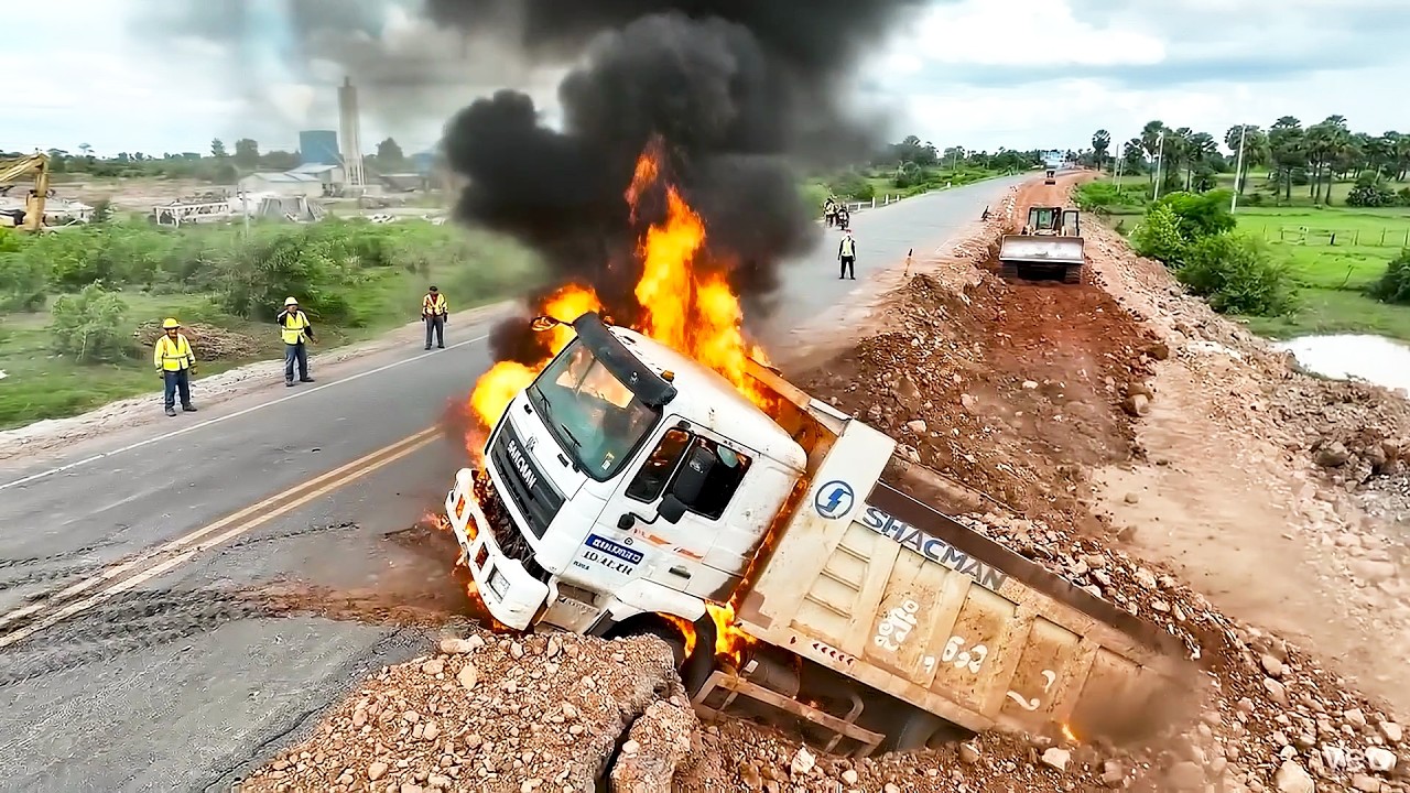 SUPER! Massive Truck Unloading Skill Fail Side Road Expand Construction Technology DOZER SHANTUI