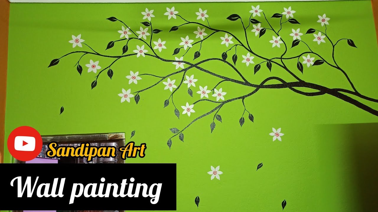 Wall Painting || Easy Wall Design || Sandipan Art || How to draw at Wall Tree & flowers ll