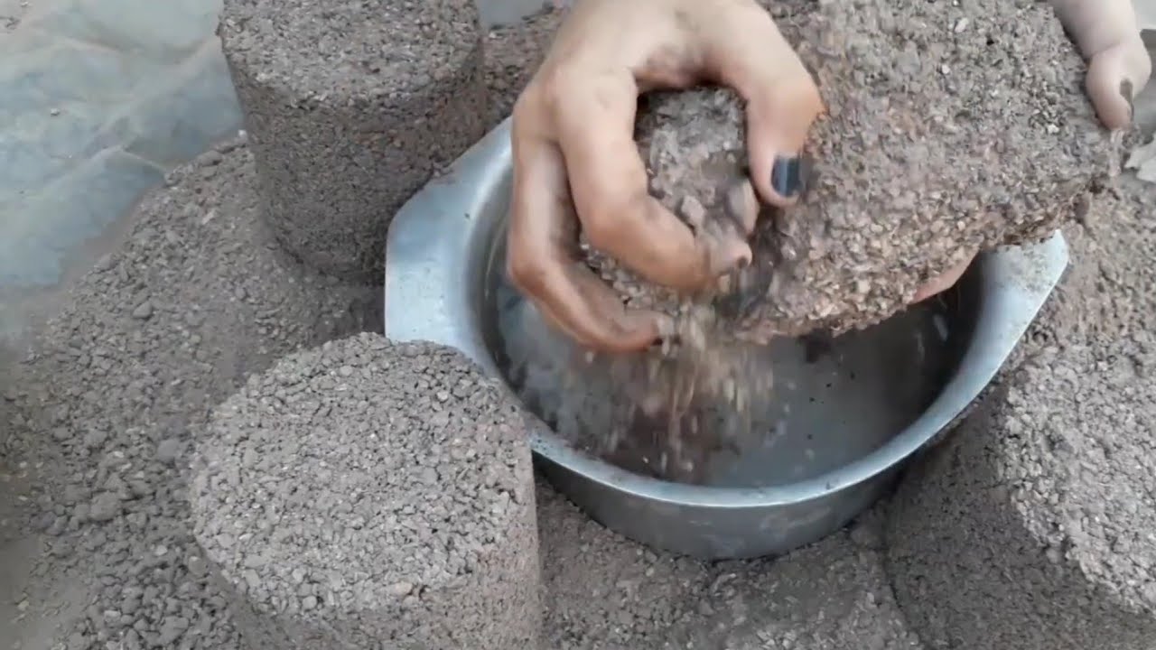 Brown gritty cylinders+chunks water crumbling in steel pateela +paste play mouthwatering ASMR🔥😍💦