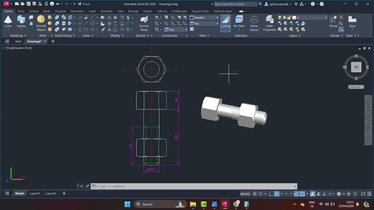 Autocad 2025 | Membuat Baut dan Mur 2d dan 3d | 4K 60fps