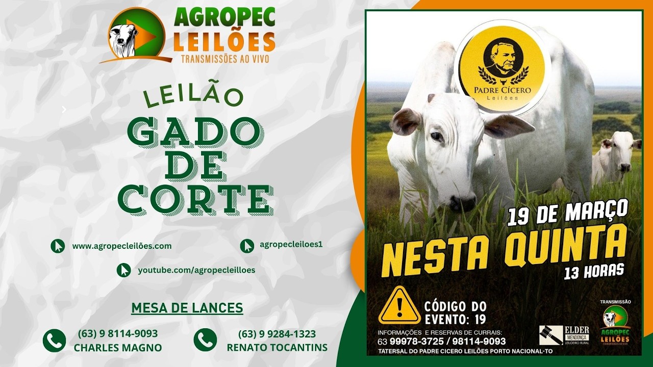Agropecleiloes.com LEILÃO GADO DE CORTE | PADRE CÍCERO - PORTO NACIONAL-TO 19/03/2026.