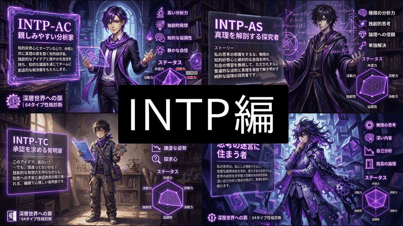 INTP AC・AS・TC・TSの性格の違いをステータスから考察【64タイプ性格診断】