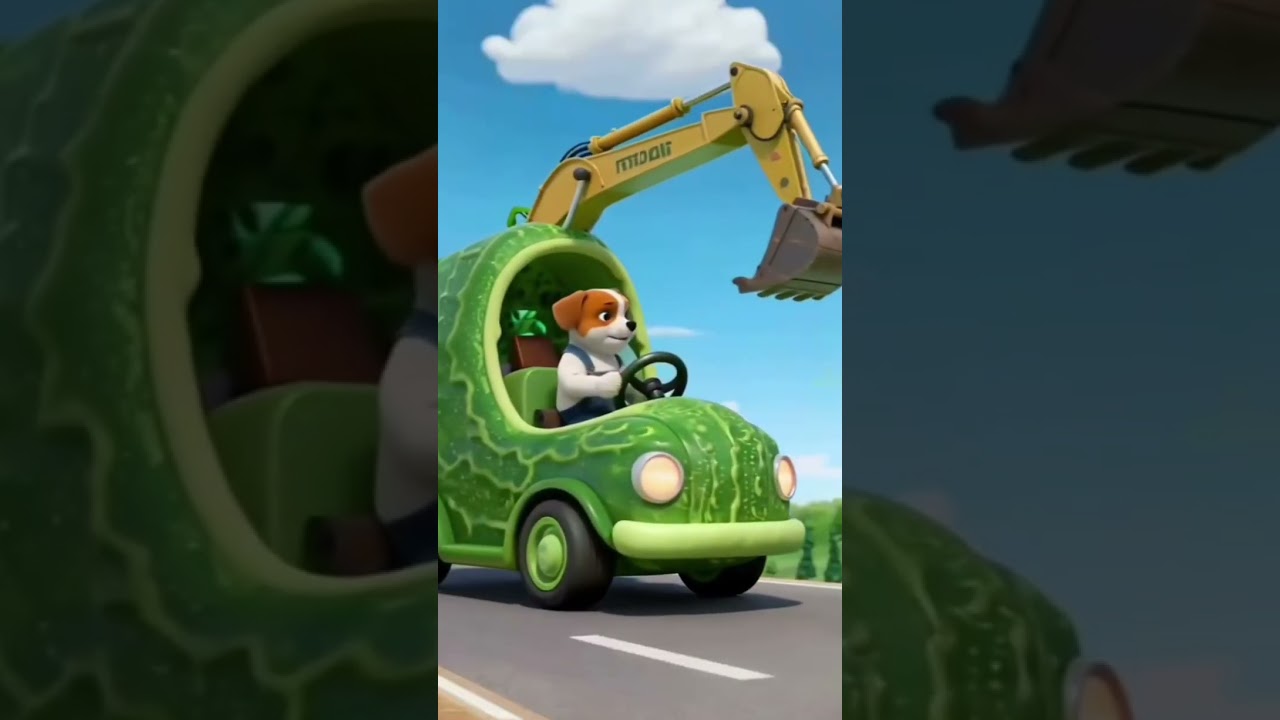 Puppy Driving a Cucumber Car with Excavator! 🐶🥒🚜 #cartoonfun #kidsshorts #excavatorforkids