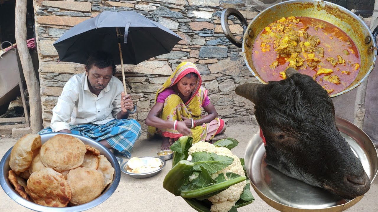 parents cooking GOAT HEAD CURRY with BOTTLE GOURD and hot luchi|tribe grandma mutton curry