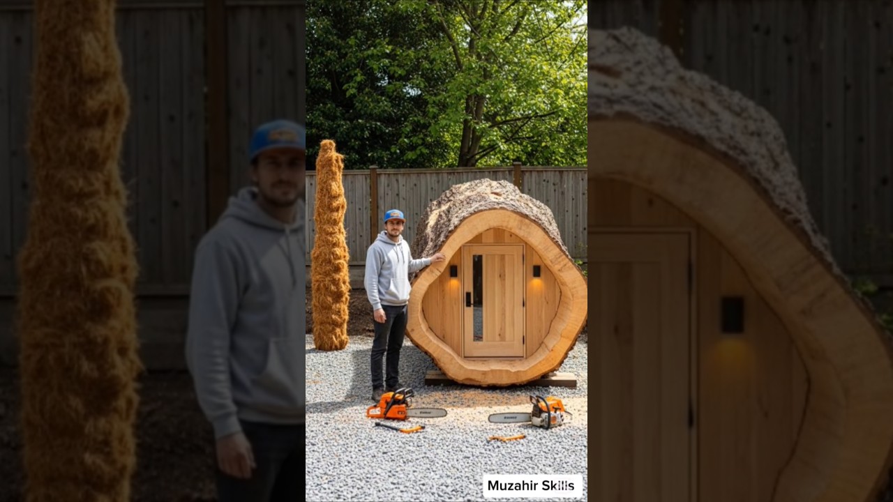 Masterful Log Cabin Build: Transforming a Massive Tree Trunk into a Cozy Retreat