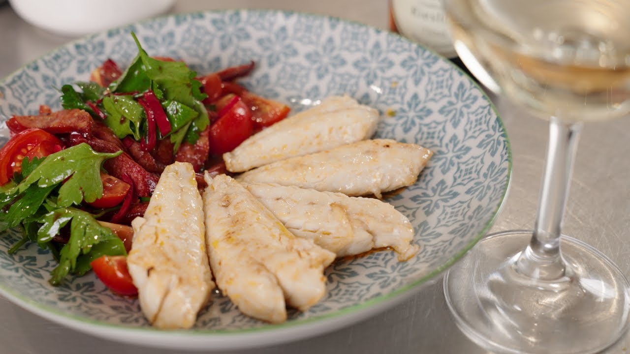 A WARM SALAD OF FLATHEAD, CHORIZO & POMEGRANATE DRESSING