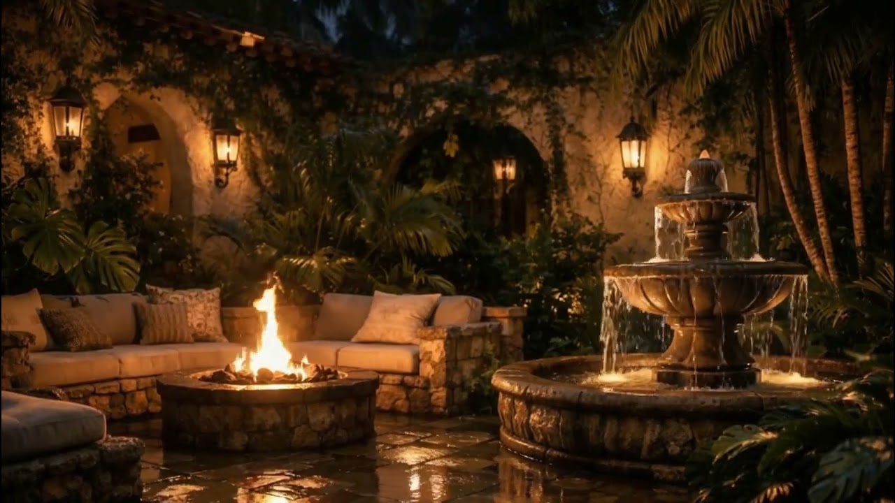 After Rain Courtyard Fountain | Firepit + Summer Night Ambience | Focus & Relax (8 Hours)