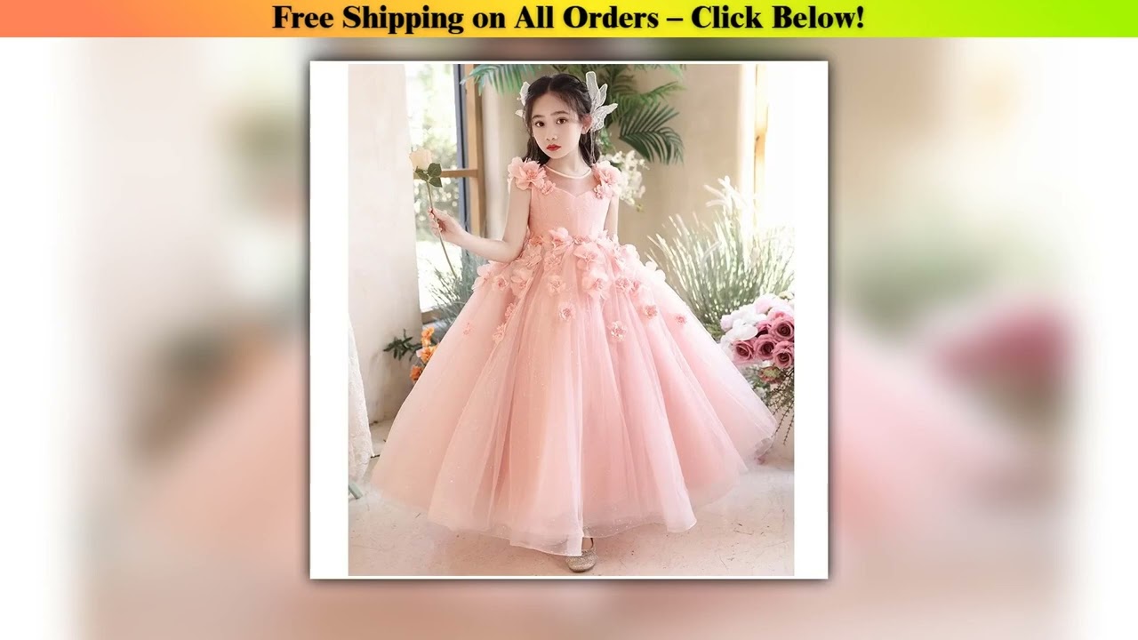 Girls Pink Floral Princess Party Dress Children Flower Girl Wedding Gown for Kids Host Piano