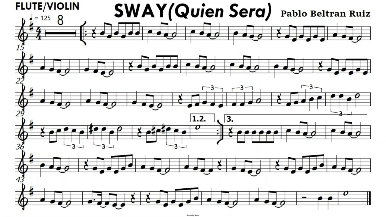 Sway (Quien Sera) Flute Violin Sheet Music Backing Track Partitura Single Page for Screenshot
