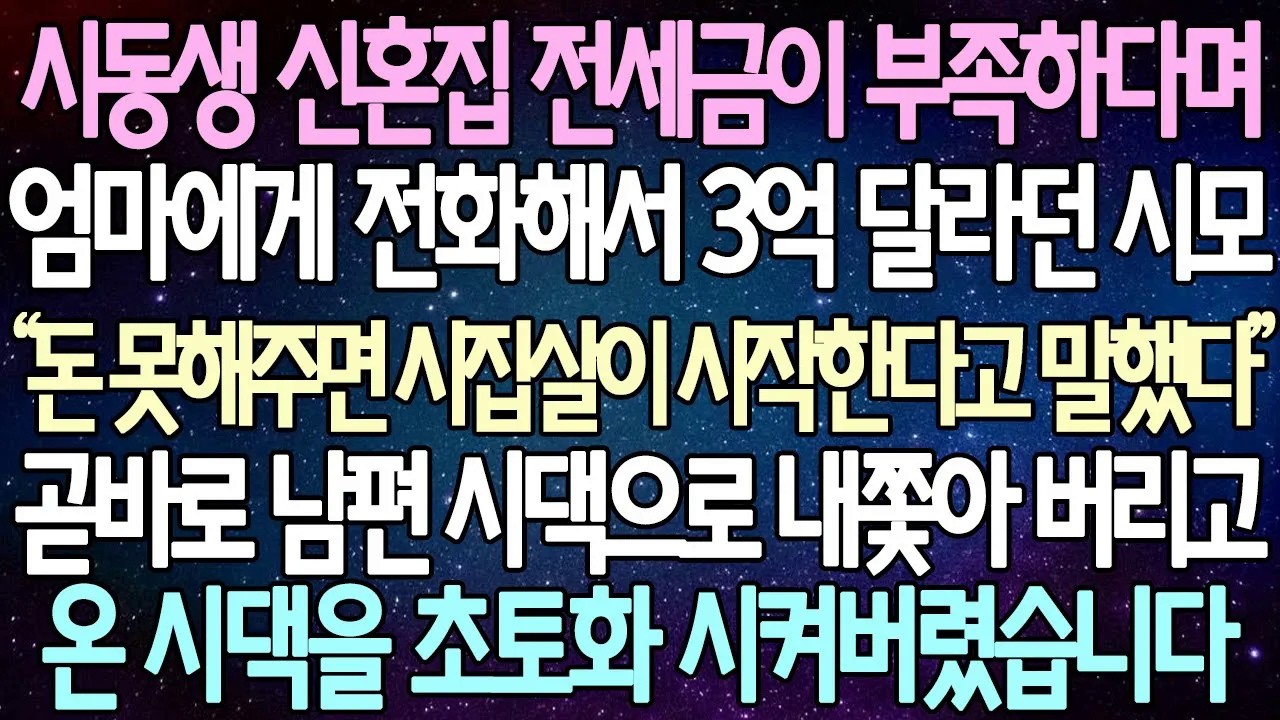 [반전 사연] 시동생 신혼집 전세금이 부족하다며 엄마에게 전화해서 3억 달라던 시모 곧바로 남편 시댁으로 내쫓아 버리고온 시댁을 초토화 시켜버렸습니다 | 사이다사연/라디오드라마
