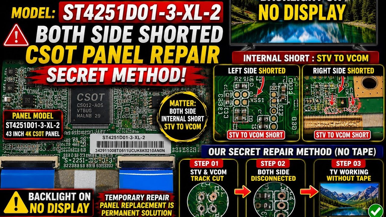 Секретный метод ремонта панели CSOT ST4251D01-3-XR-1 с коротким замыканием с обеих сторон | Ремон...