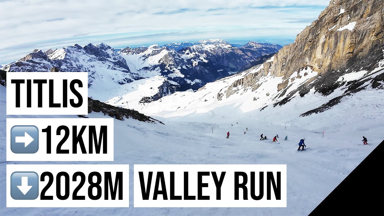 Titlis, Longest Ski Run (12km, 2028m Descent, Valley Run - Talabfahrt) ⚫🔴🔵 #1 🇨🇭