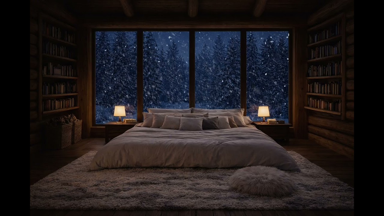 Quiet Winter Cabin Bedroom ❄️ Soft Snow & Calm Night Ambience | Sleep, Relax, Study (1 Hour)