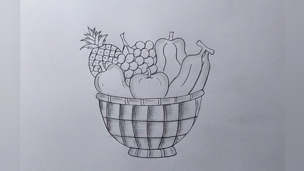 Fruits basket drawing easy| How to draw Fruit basket drawing|| Pencil drawing easy