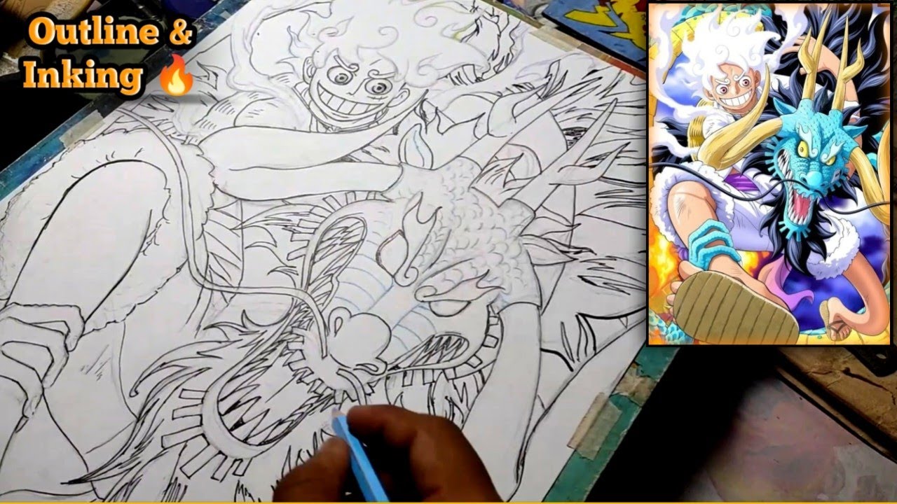 Gear 5 Luffy vs Kaido | One piece Anime Drawing (Outline & Inking Process) Fan art.