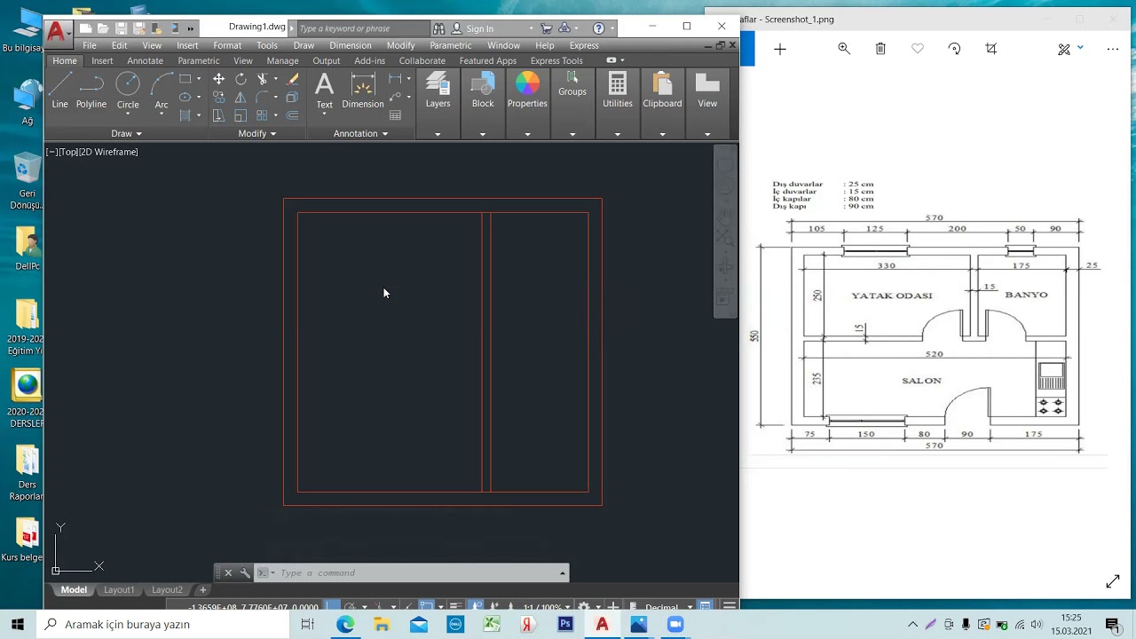 Autocad Programında Plan Çizimi, Planda Kapı Pencere Çizimi 1 (2021)