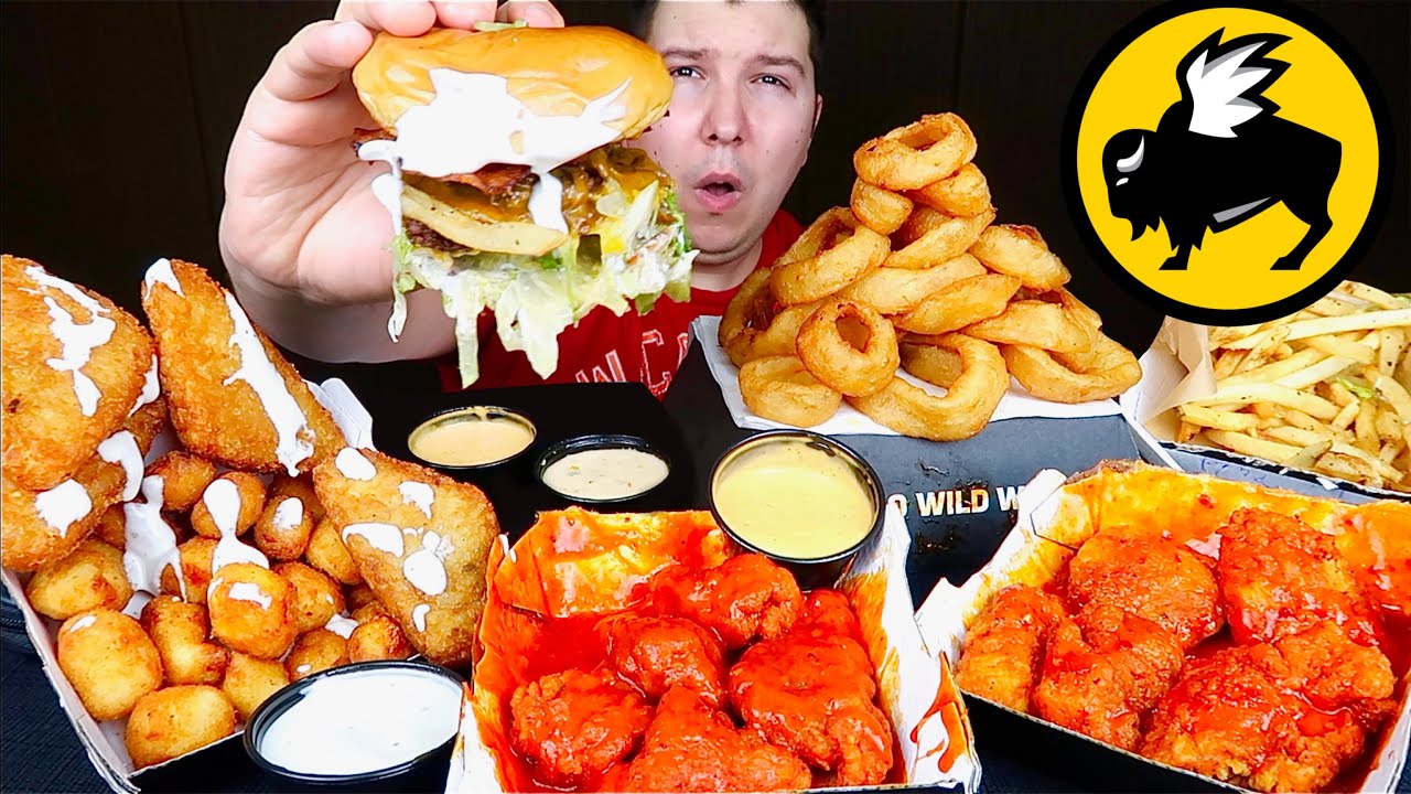 Massive Buffalo Wild Wings Feast • ft. Creamy Cheese Curd Bacon Burger • MUKBANG