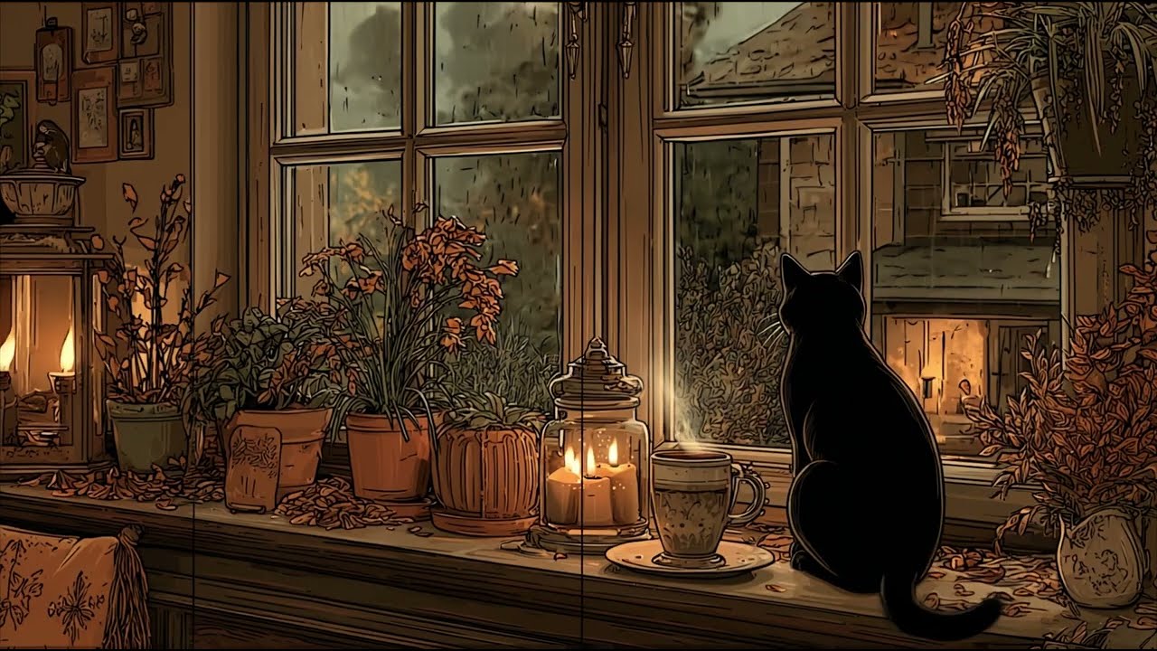 Rainy 1950s Jazz & Cozy Window | Cat, Candles & Relaxing Ambience